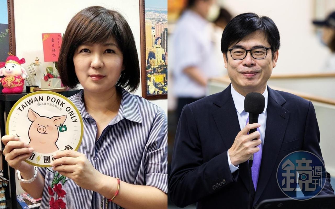 高雄市議員陳若翠(左圖)質疑陳其邁(右圖)不敢違逆蔡英文開放美豬的決定,因此只好想出「國產豬肉標示」貼紙的點子,企圖藉此魚目混珠,將所有責任全部丟給店家。(翻攝自陳若翠臉書、本刊資料照)