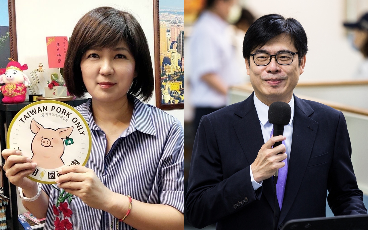 高雄市議員陳若翠（左圖）質疑陳其邁（右圖）不敢違逆蔡英文開放美豬的決定，因此只好想出「國產豬肉標示」貼紙的點子，企圖藉此魚目混珠，將所有責任全部丟給店家。（翻攝自陳若翠臉書、本刊資料照）