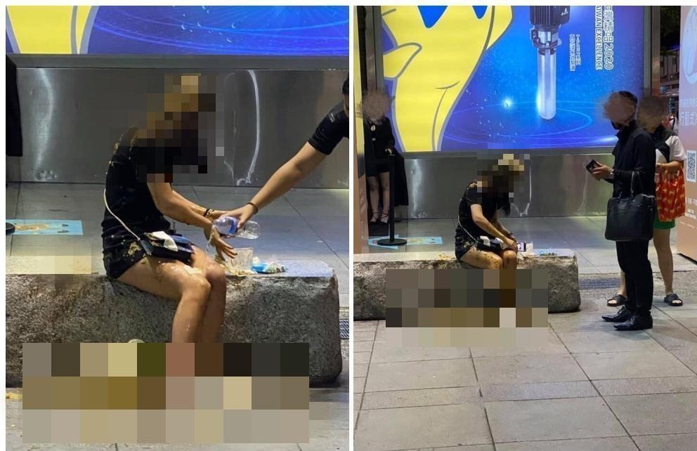 邱女日前遭黑衣人在信義區潑整桶屎，噁爛場面讓人相當崩潰。（翻攝自《爆料公社》臉書社團）