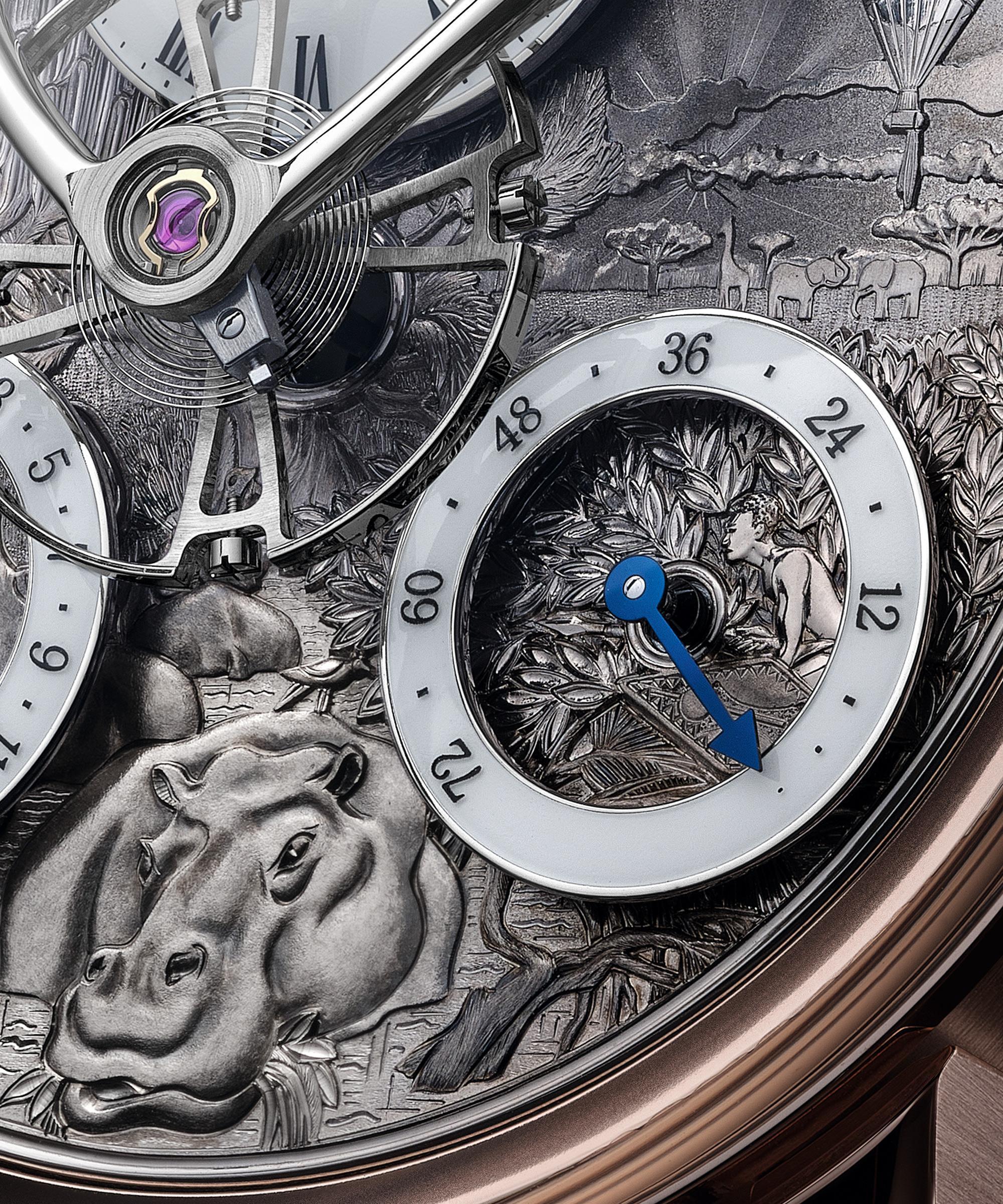 LM Split Escapement腕錶的面盤成為雕刻大師Eddy Jaquet的畫布,刻劃出文學大師Jules Verne的經典故事。