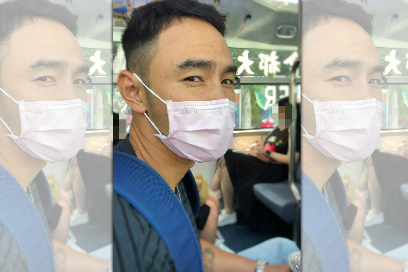 阮經天昨日在微博貼出搭公車兜風照片，被網友發現疑似將剛去世不久的阿嬤頭像刺青在手臂上。（翻攝阮經天微博）