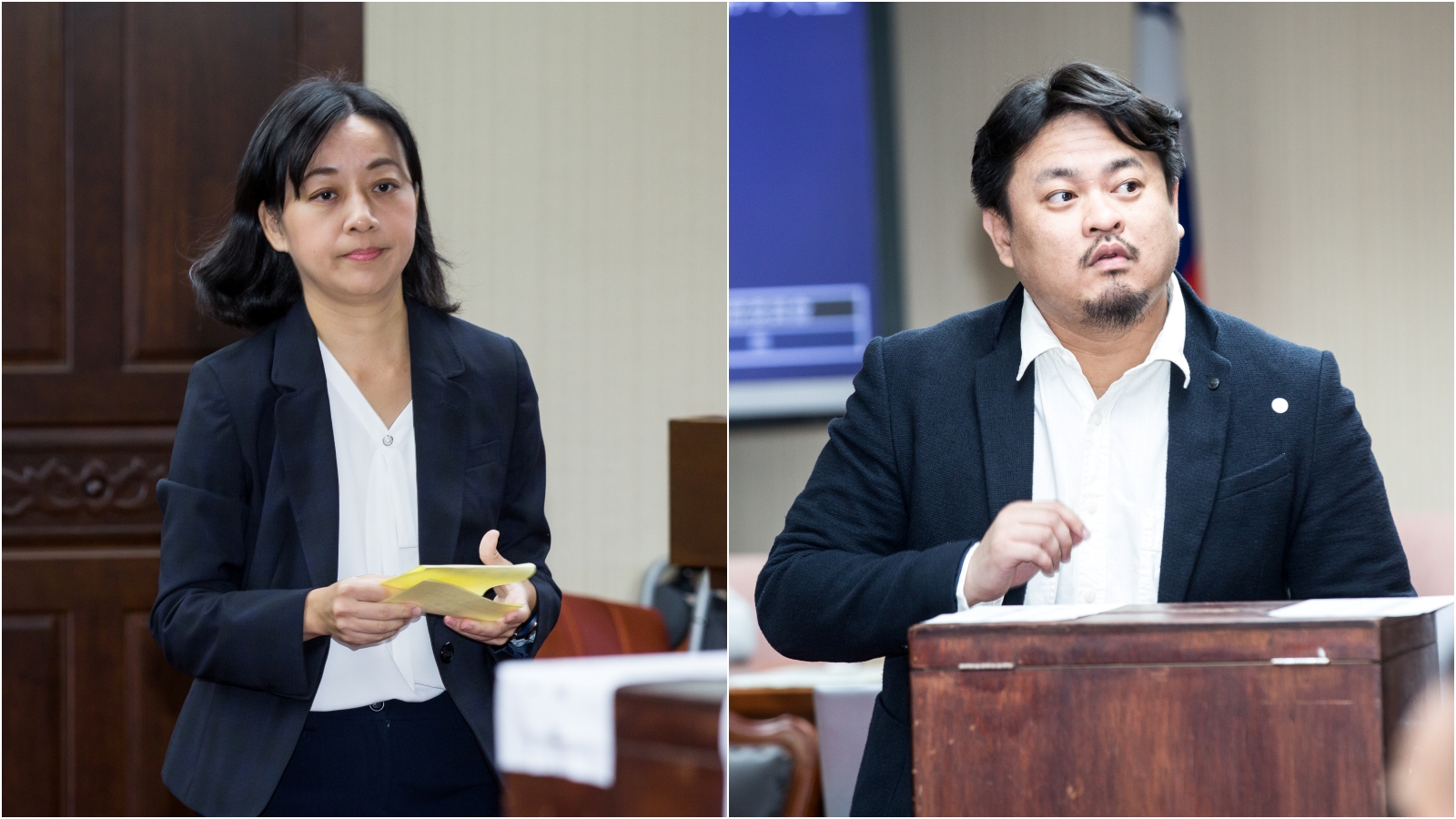 時代力量立委王婉諭（左）昨在召票投票中支持民進黨立委洪申翰（右）。