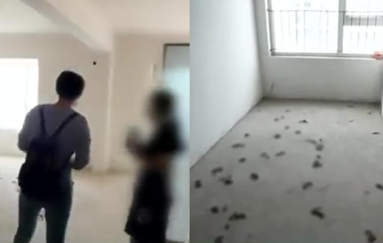 一名唐姓婦人（左圖右）買了一間房屋，最近準備裝潢卻發現房子遭人闖入，屋內遍布黑色狗屎。（翻攝自四川觀察視頻）