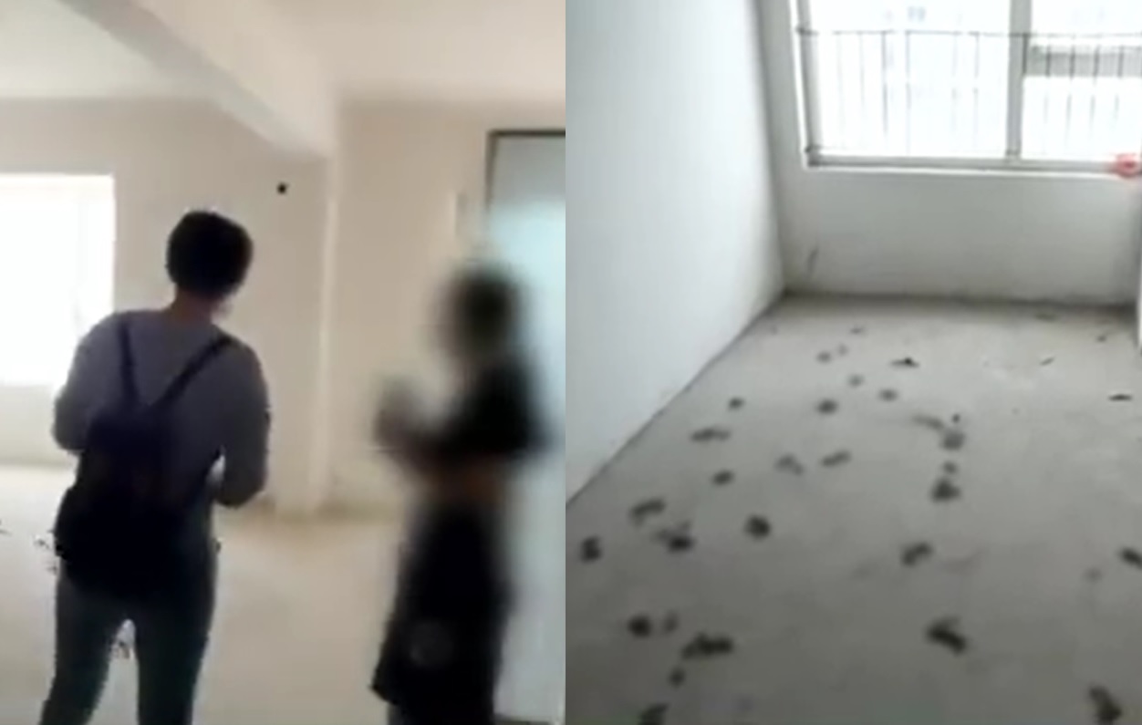 一名唐姓婦人（左圖右）買了一間房屋，最近準備裝潢卻發現房子遭人闖入，屋內遍布黑色狗屎。（翻攝自四川觀察視頻）