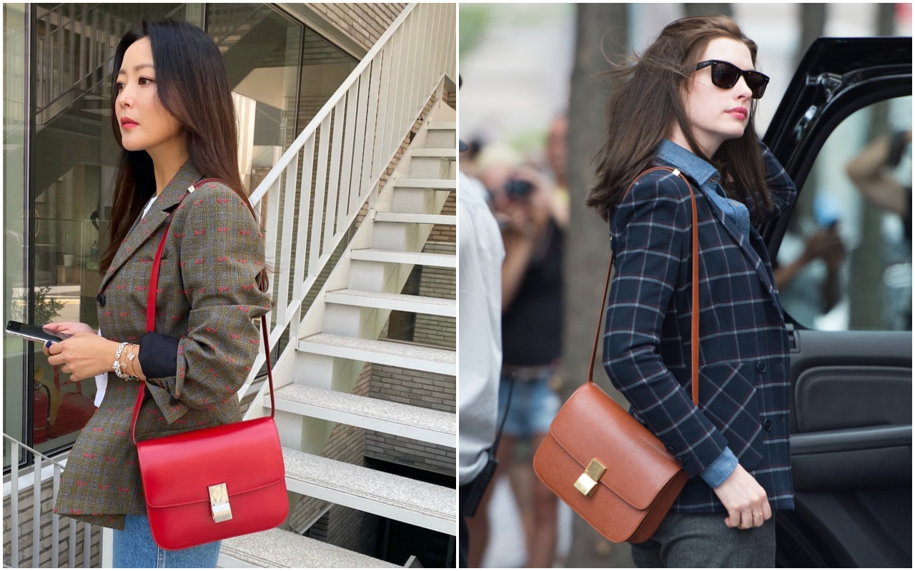 （左起）韓國第一美女金喜善、好萊塢女星安海瑟薇皆以襯衫、西裝外套搭配CELINE Classic包款。（CELINE）