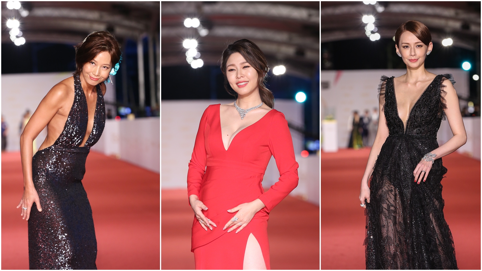 紅毯星光雲集，女星們的穿著一如往常，各個爭奇鬥豔，尤其本屆女星對於身材相當有自信，露奶的、露腿的、露背的全都有，左起為丁寧、白家綺、袁艾菲。