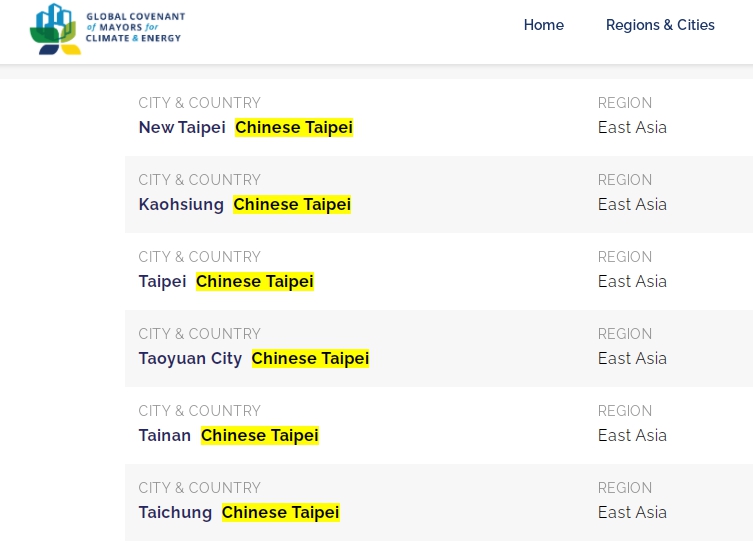 目前上市長聯盟的網站查詢,六都的國籍已更改為Chinese Taipei。(翻攝自市長聯盟網站)