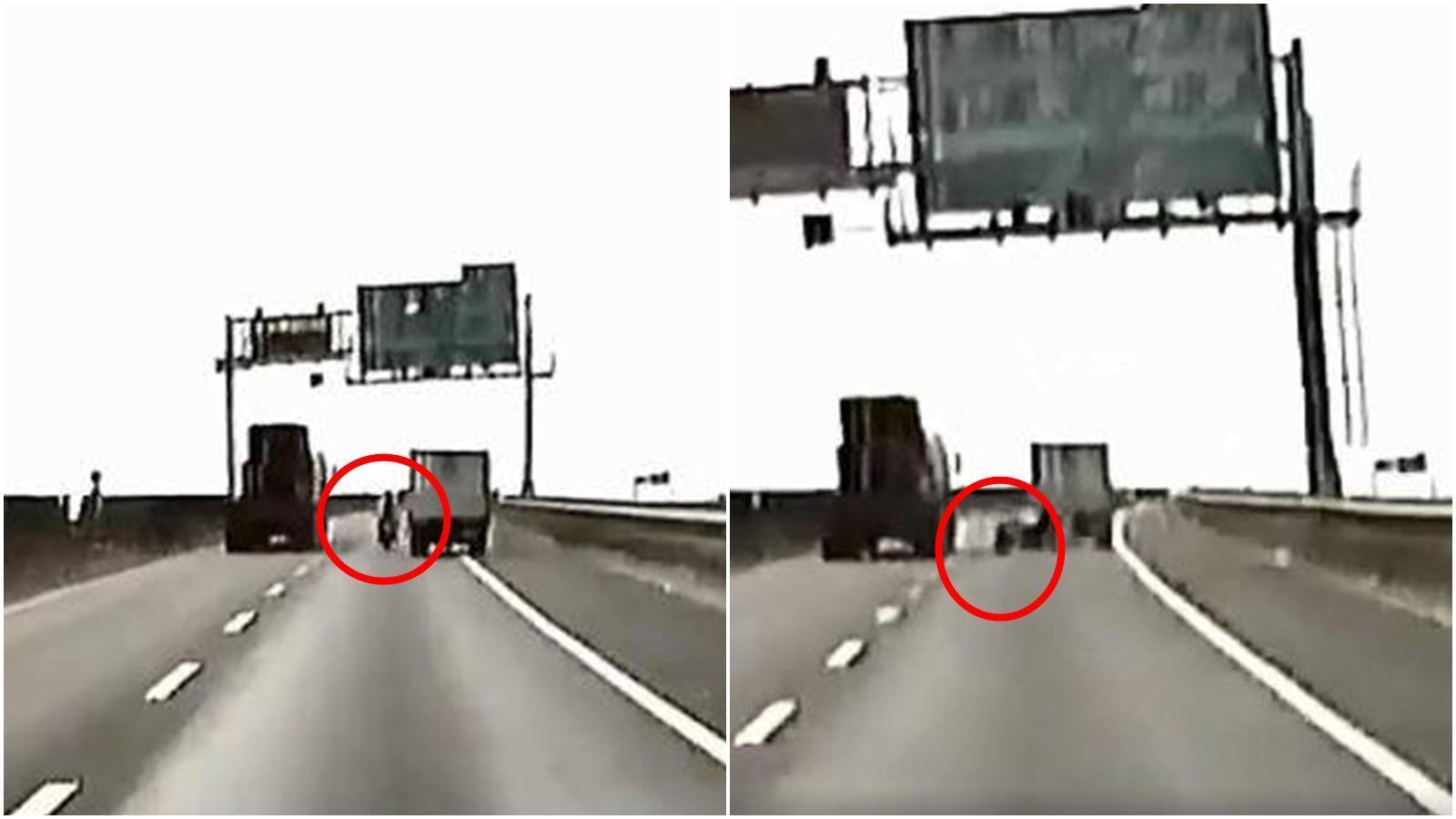 高雄水產行貨車在上月26日在快速道路上惡意逼車，導致重機騎士慘摔引發各界熱議。（翻攝自臉書社團「爆料公社」）
