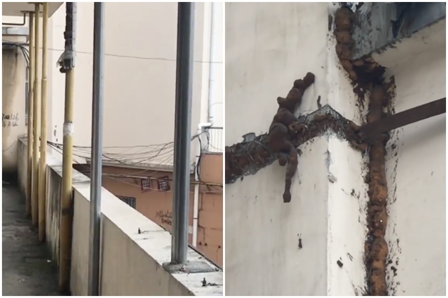 黑龍江一棟公寓驚傳陽台下沉3年，但管理單位竟只用6根鐵棒支撐。（翻攝自梨視頻）