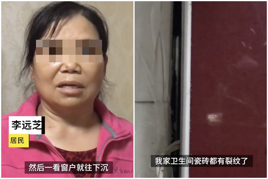 住戶受訪時表示對屋況感到害怕,除了陽台下沈,廁所磁磚也出現裂縫。(翻攝自梨視頻)
