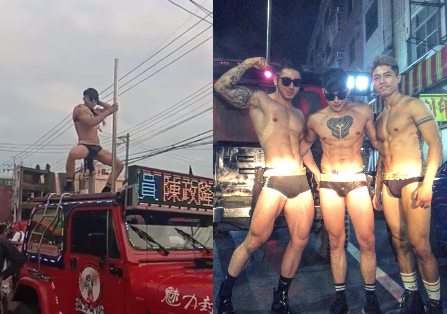 一群猛男在廟會花車上熱舞，與過去辣妹表演很不一樣。（翻攝自爆廢公社、劉二虎臉書）