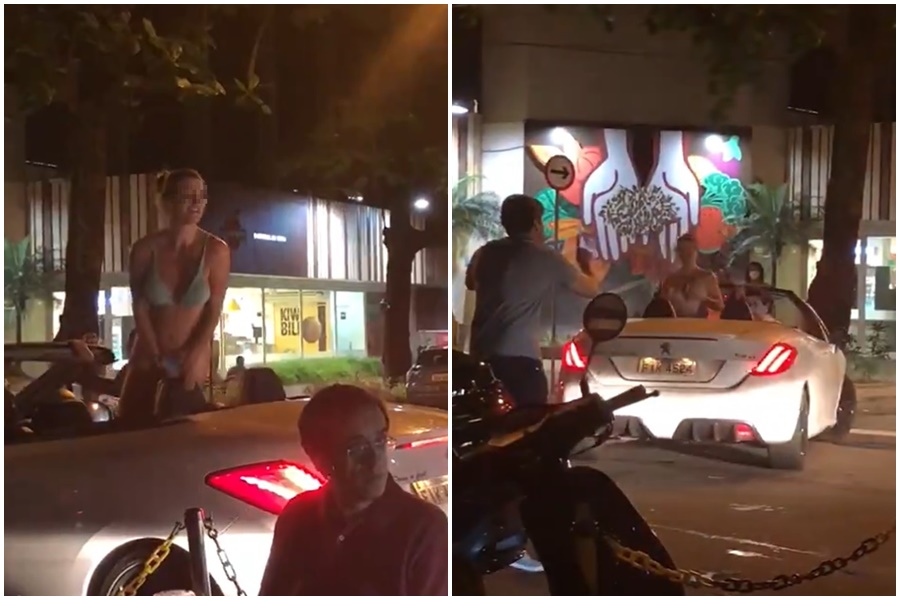 巴西一名女子在車上喝醉亂吼激怒路人，衝突後路人上前意外扯掉比基尼奶球瞬間彈出。（翻攝自推特@PaulinhoSerra）