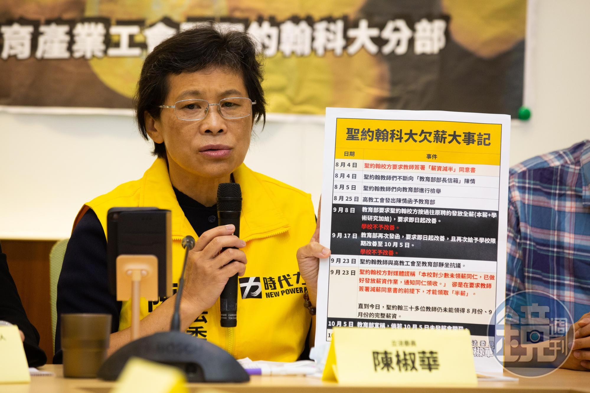 陳椒華質疑既然學校財務沒有狀況,為什麼要強迫教師減薪,且認為校方及教育部做法都相當消極。