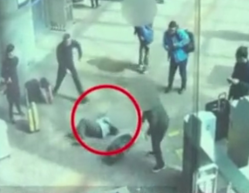 王婦（紅圈處）被劉女的行李箱絆倒致死，家屬憤而提告索賠267萬元，一審法官駁回家屬賠償訴求。（翻攝自都視頻）