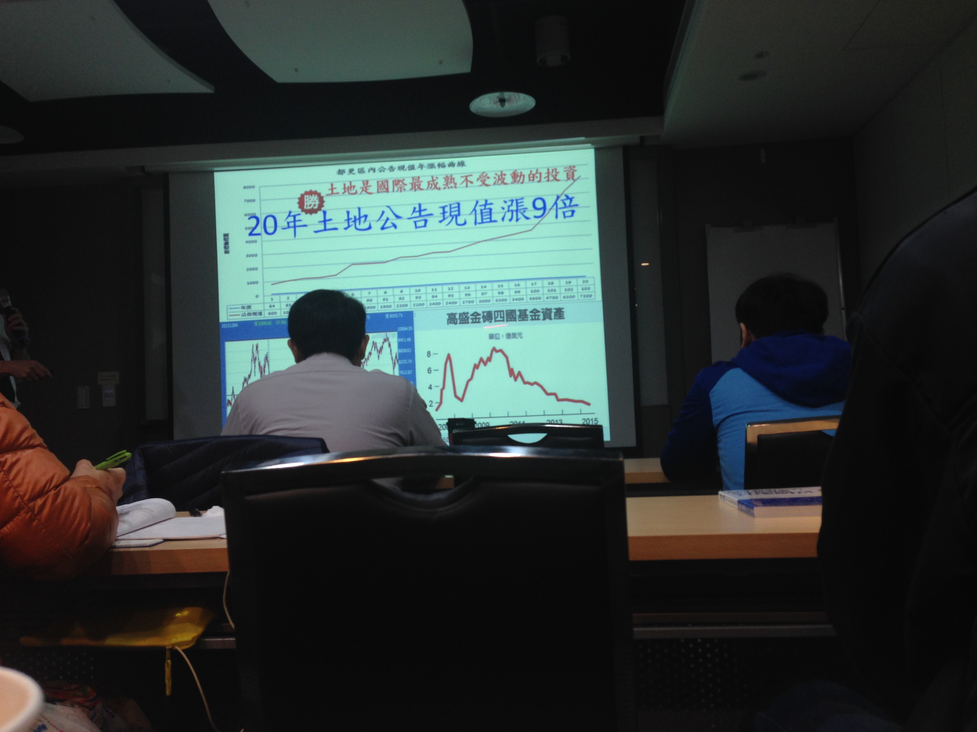 許芸融在說明會上以自身投資土地賺錢為例，說服民眾集資加入他手上的土地建商融資案。（讀者提供）