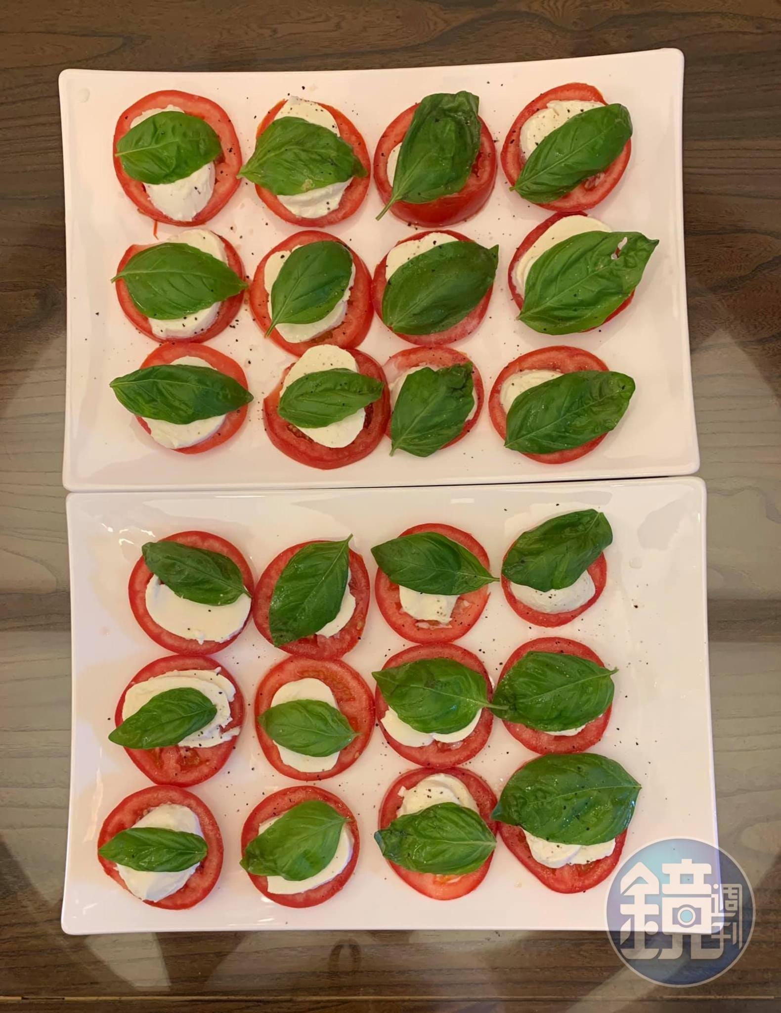 依序擺上番茄、起司、羅勒，自己種的羅勒葉片好大，目前尚未淋上橄欖油。