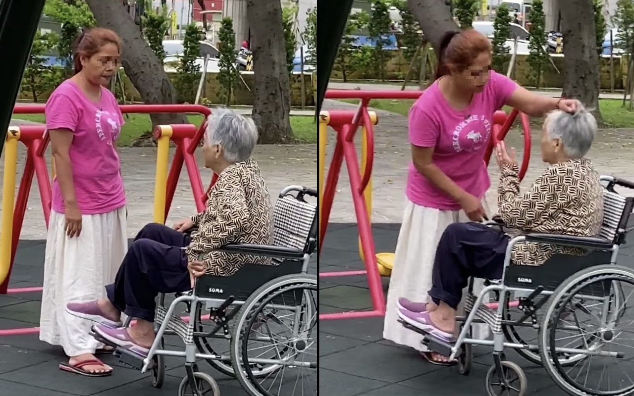 新北林口一名網友在路邊看見移工對老奶奶「抓髮」「捏腿」等粗暴行徑，錄影PO網譴責。（翻攝自臉書社團「林口大家庭」）