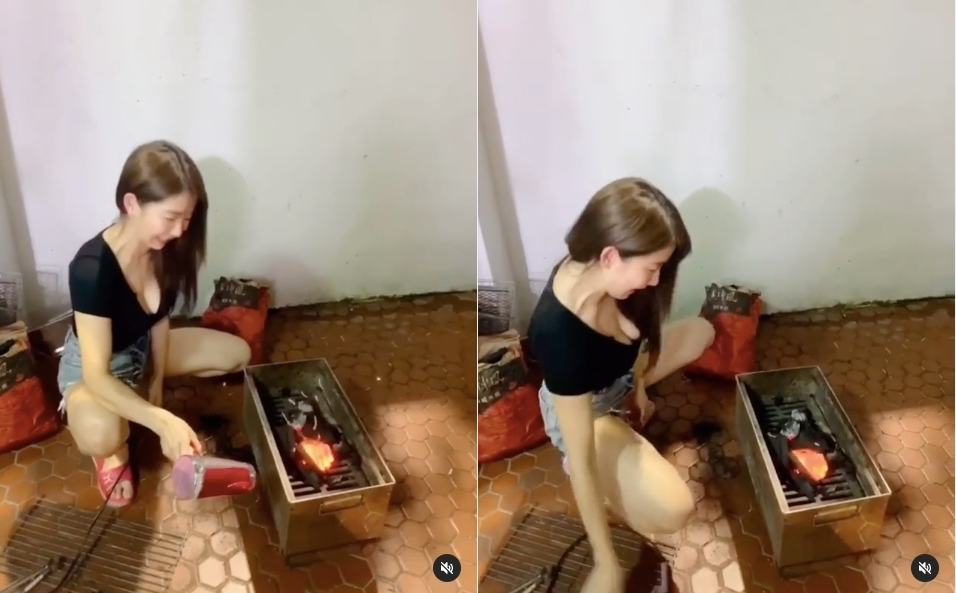 郭書瑤說要示範用吹風機生火烤肉，但網友紛紛留言歪樓。（翻攝自郭書瑤Instagram）