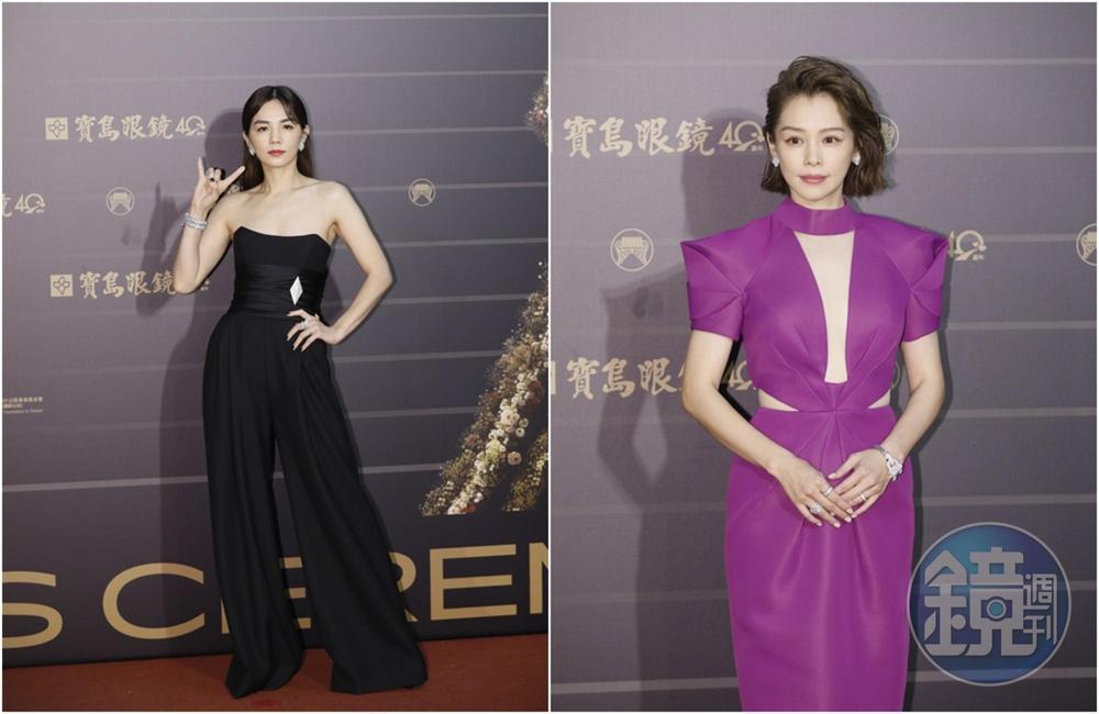 徐若瑄穿著一席中空紫色禮服亮相,Ella陳嘉樺則穿著俐落低胸褲裝帥氣登場。