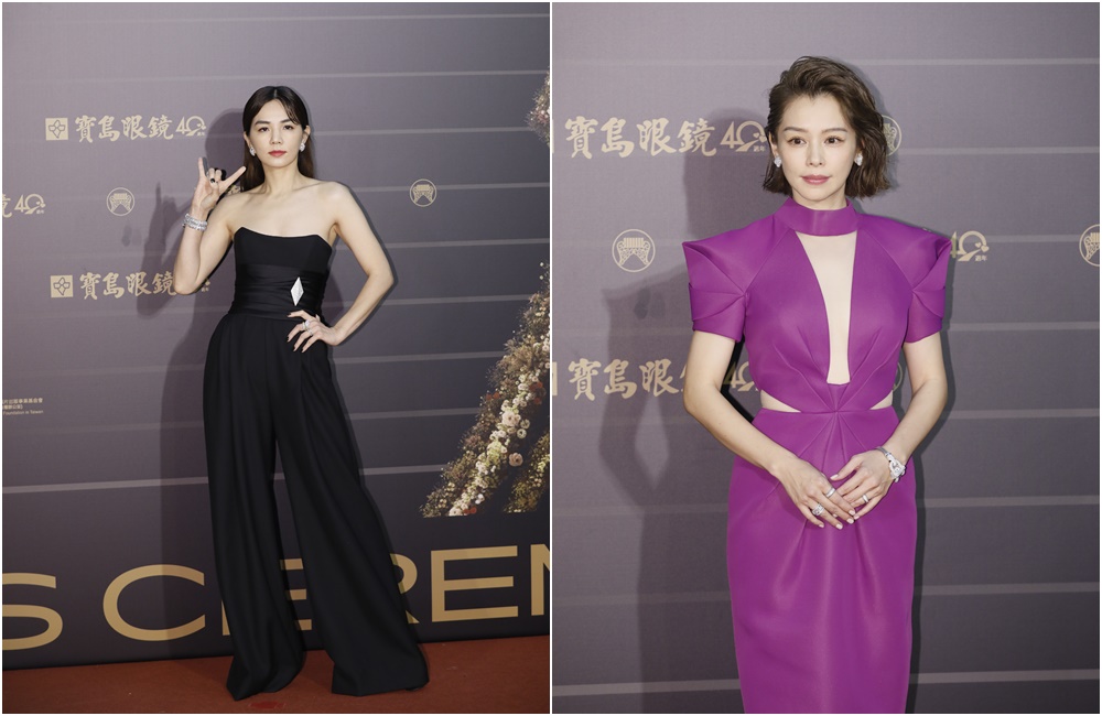 徐若瑄穿著一席中空紫色禮服亮相，Ella陳嘉樺則穿著俐落低胸褲裝帥氣登場。
