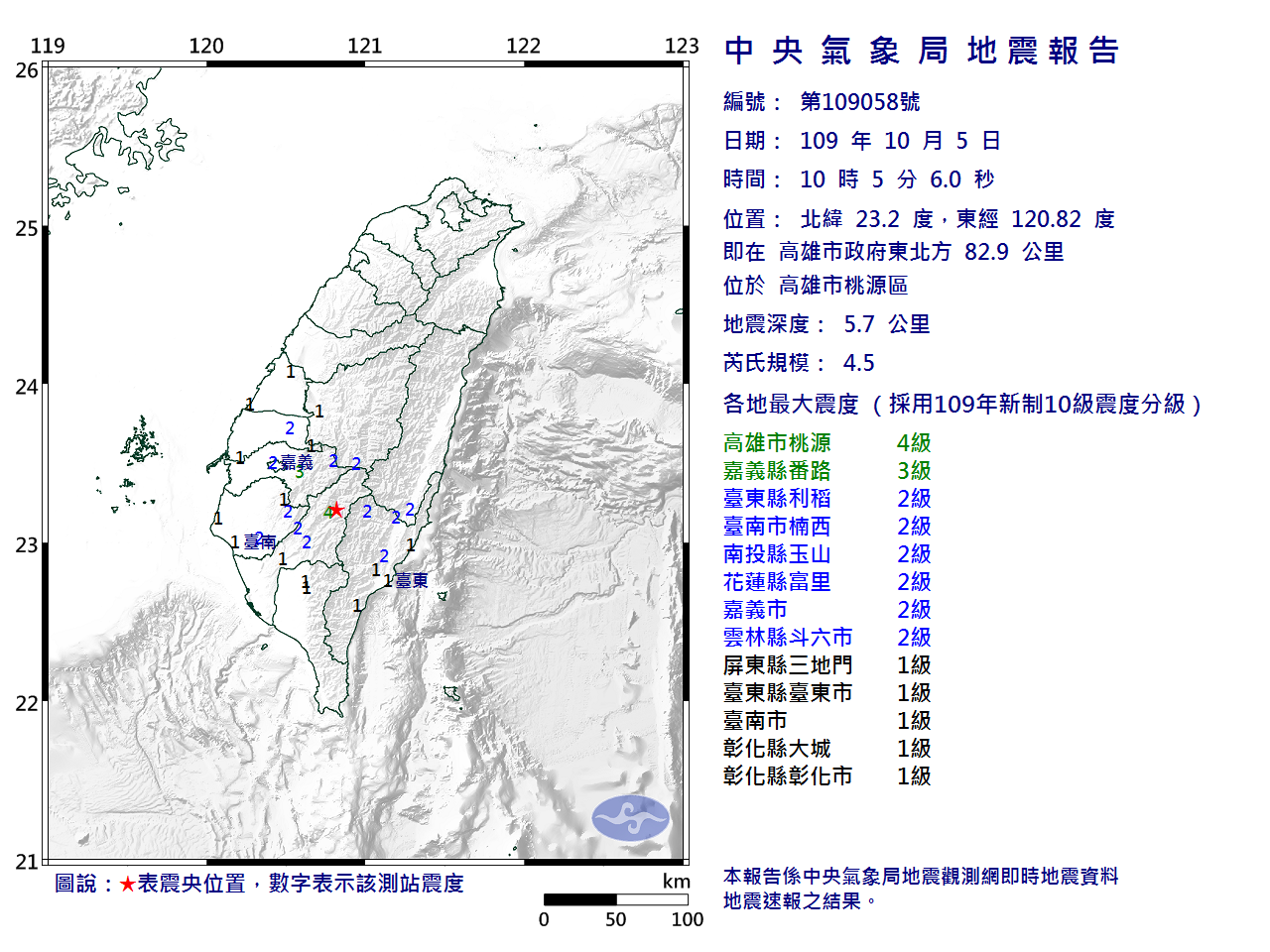 高雄市桃源區發生芮氏規模達4.5、深度5.7公里的淺層地震,部分高雄地區最大震度4級。(中央氣象局提供)