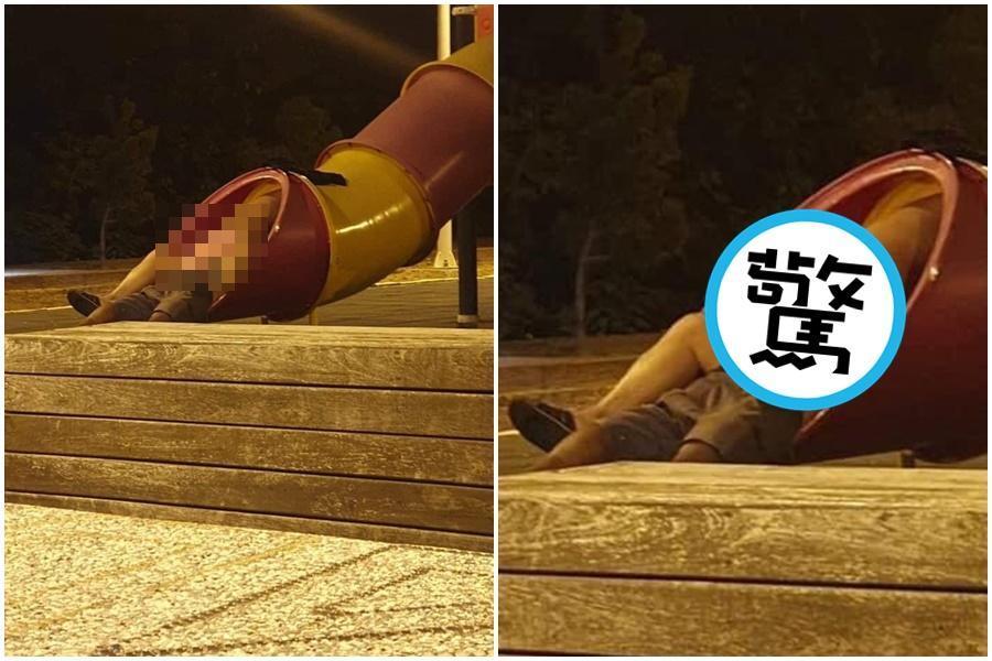 某公園內有2人在溜滑梯內交疊。（翻攝自《爆廢公社》臉書）