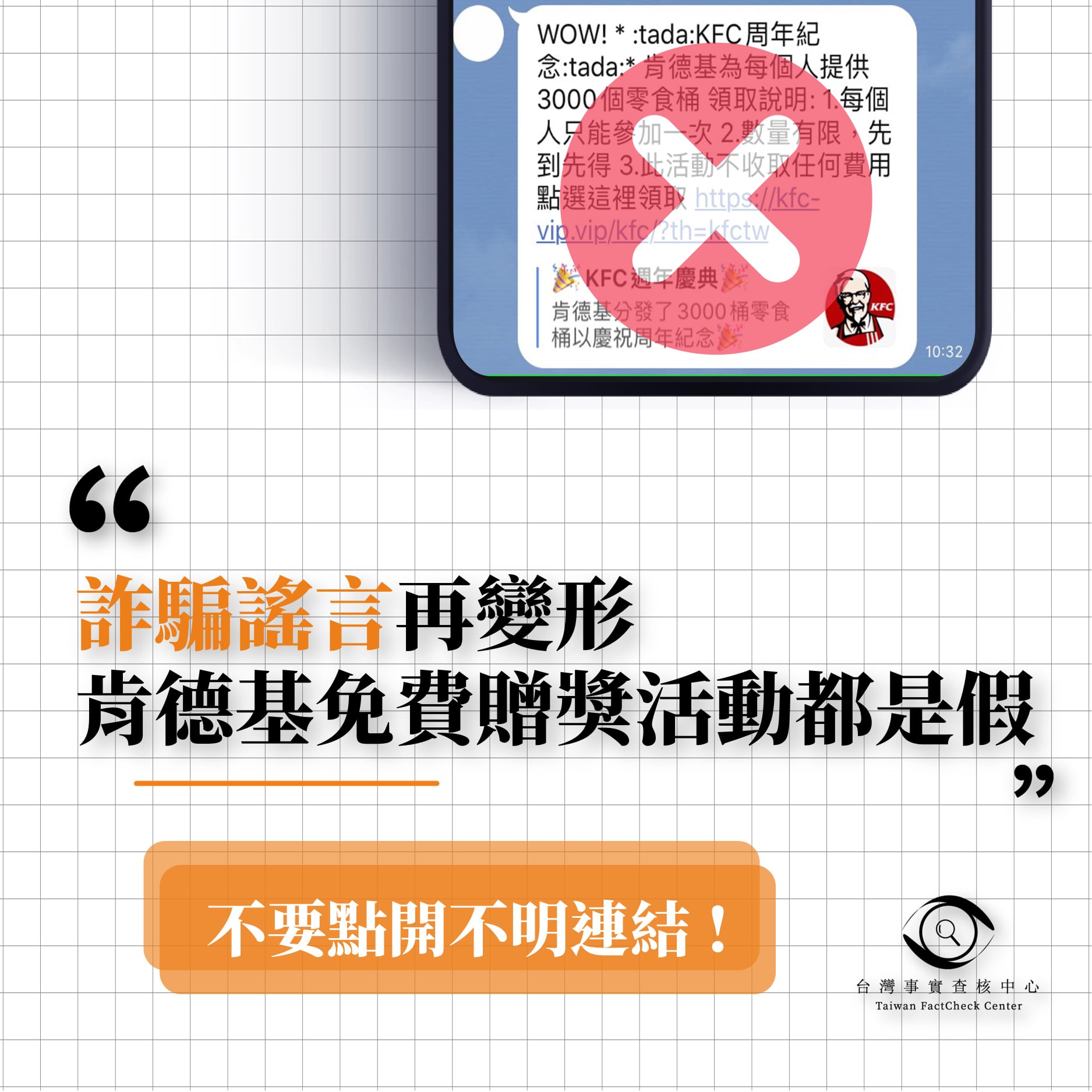 台灣事實查核中心求證,肯德基官方並無此優惠活動。(翻攝自TFC 台灣事實查核中心臉書粉專)