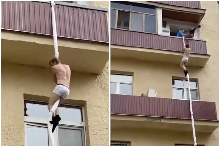 日前一段影片流出，一名小王疑被捉姦在床，用床單垂降準備逃跑。（翻攝自YouTube）