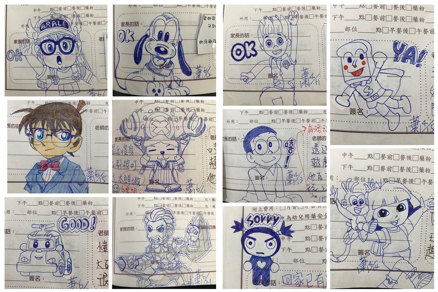 蕭姓女網友分享自己近半年在兒子聯絡本上的畫作，引起網友狂讚。（翻攝自臉書社團「爆廢公社」）