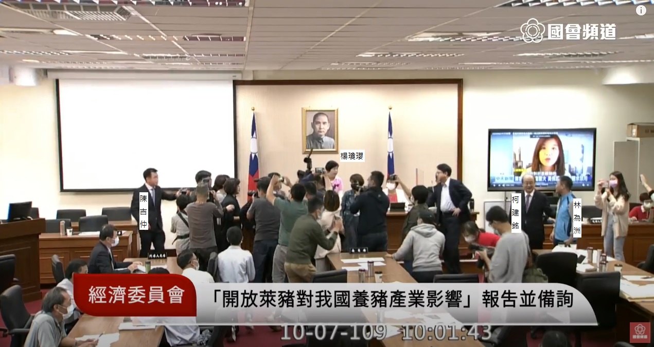 雙方隔空互罵，主席楊瓊瓔急著維持秩序，藍綠立委紛紛起立，有的幫忙叫陣，有的忙著勸架。（翻攝自國會頻道YouTube）