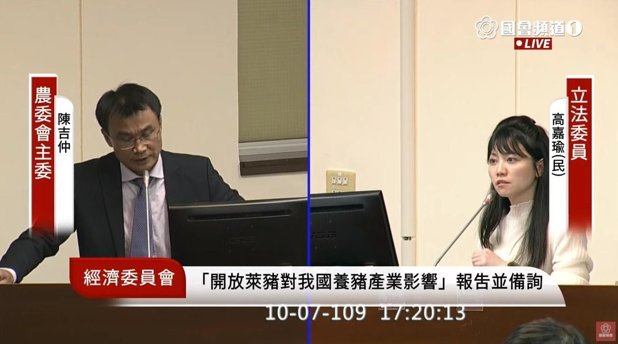 高嘉瑜質疑標示不清開罰標準,陳吉仲回應,比照先前防範非洲豬瘟攜帶肉製品。(翻攝自國會頻道YouTube頻道)