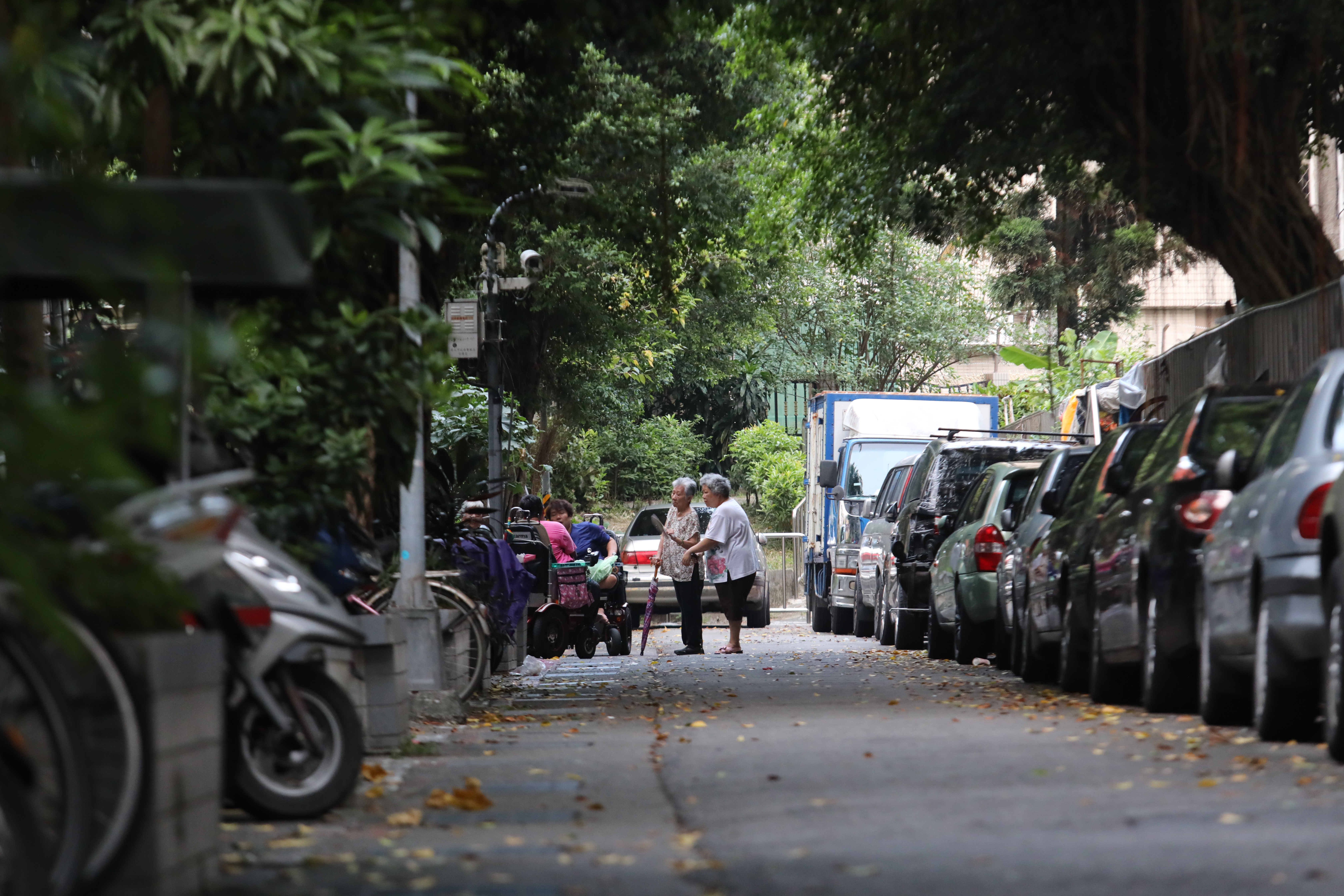 下午時分，輪椅族會在街上與鄰居閒聊，安康平宅的住戶基本上買不起車，巷弄間的車輛都是其他社區的人來停放。