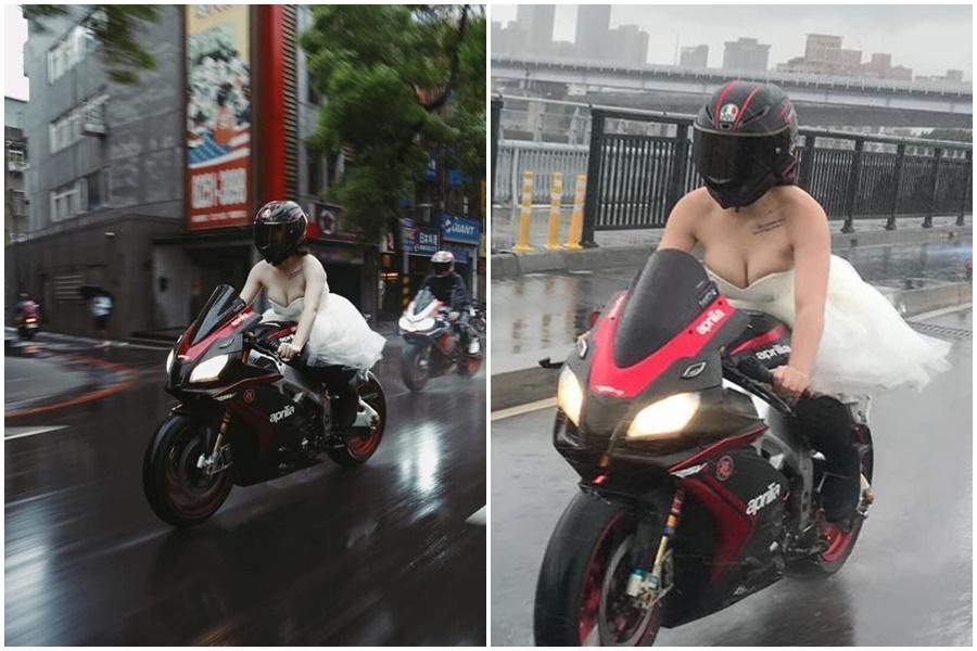 一位檔車正妹帥氣穿著婚紗到結婚現場。(組圖:翻攝自該檔車正妹臉書、dogdog7047 IG)