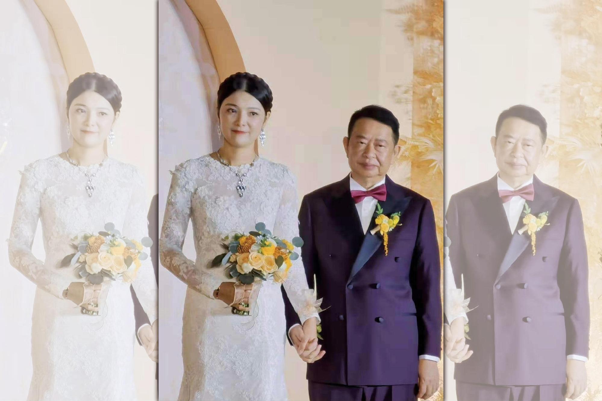 金礦大王陳景河(右)迎娶小25歲的嫩妻錢冰(左),錢冰在婚禮上直呼自己「嫁給了愛情」。(翻攝自網易視頻)