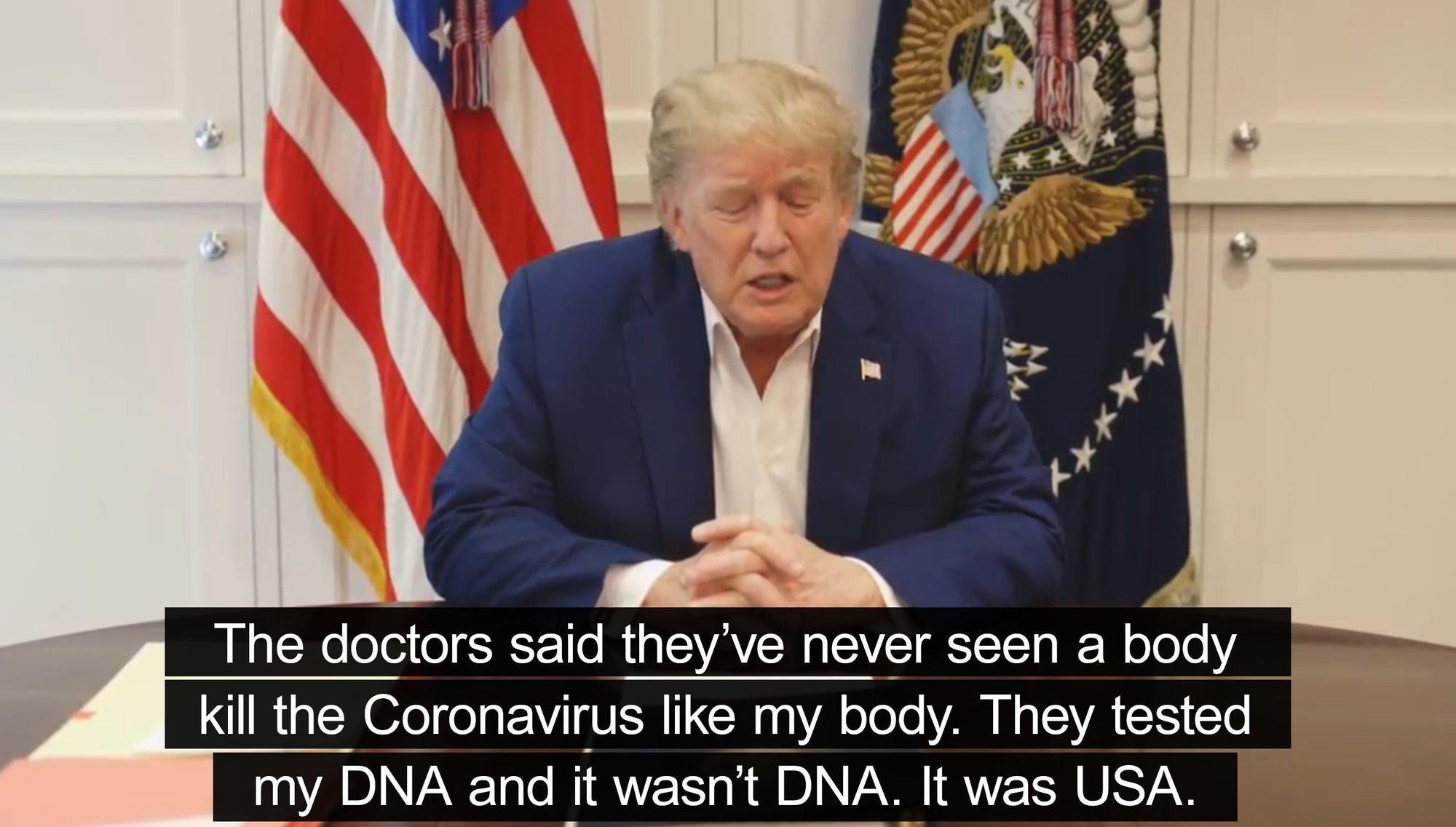 川普自稱身上沒有DNA而是USA?原來是造假字幕的改圖。(翻攝自Keaton Patti推特)