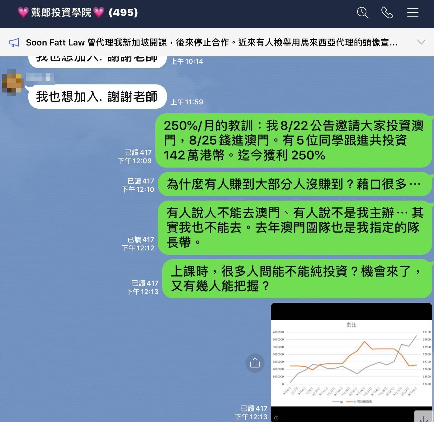 戴子郎出示與學員的對話截圖，強調他的團隊確實在澳門賭場贏錢。（戴子郎提供）