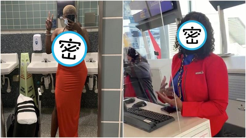 美國網紅（左）卡拉穿著性感服裝搭機，被地勤人員（右）以「不符合規定」拒絕登機。（翻攝自Kayla Eubanks推特）