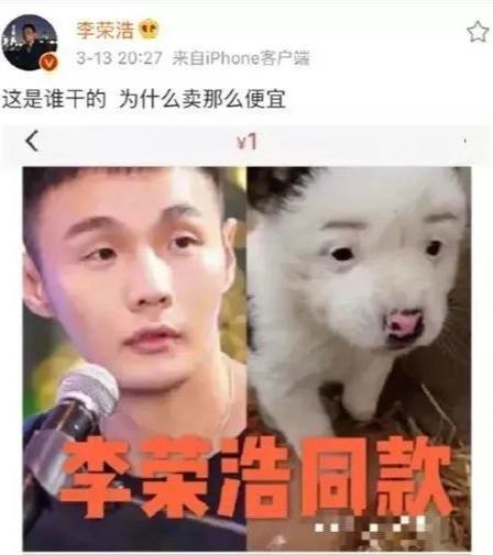 有人兜售「李榮浩同款」毛小孩，李榮浩在微博分享並幽默回應：「這是誰幹的？為什麼賣那麼便宜！」（翻攝自李榮浩微博）