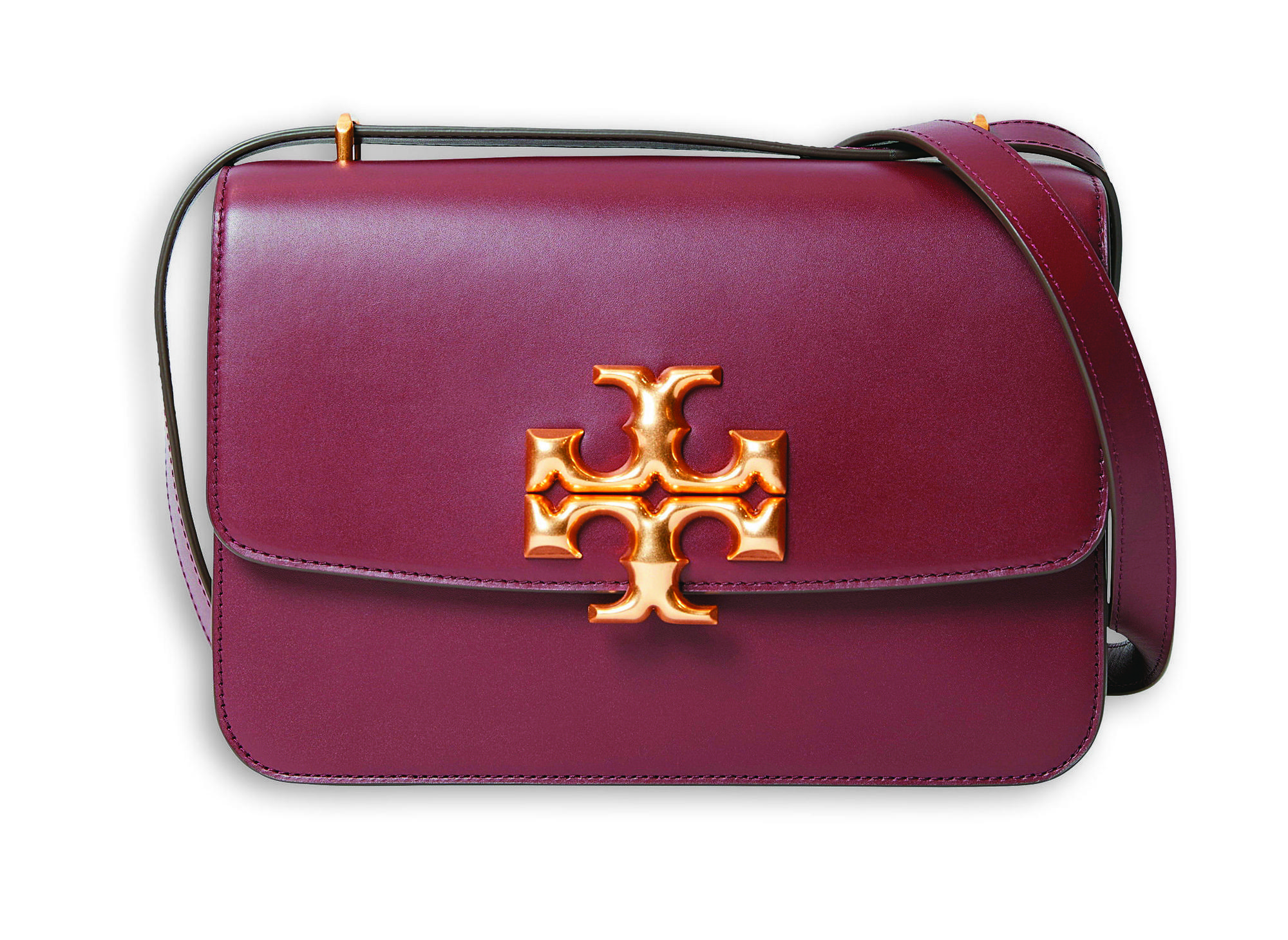 Eleanor系列酒紅色肩背包。NT$29,900。（Tory Burch提供）
