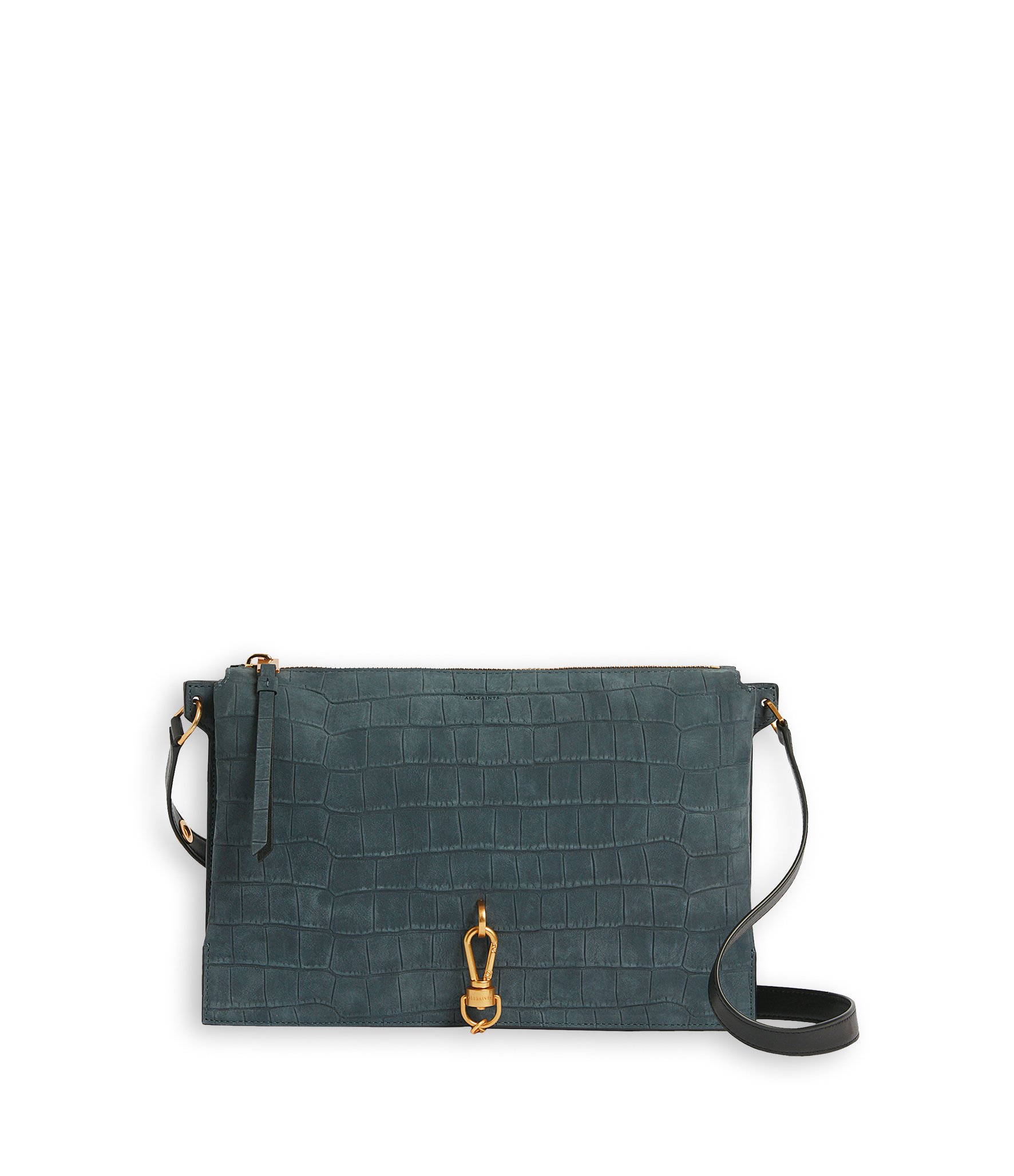 Sheringham深藍牛皮金釦肩背包。NT$12,900。（ALLSAINTS提供）