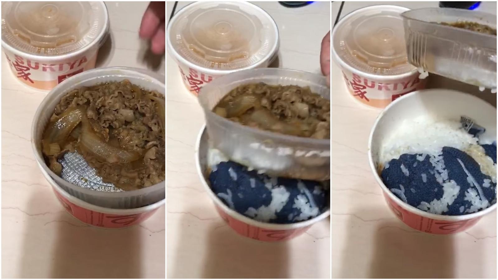 女網友打開外賣送來的牛丼飯,卻發現夾層的白飯中混入一塊藍色抹布。(合成圖,翻攝自爆怨公社臉書)