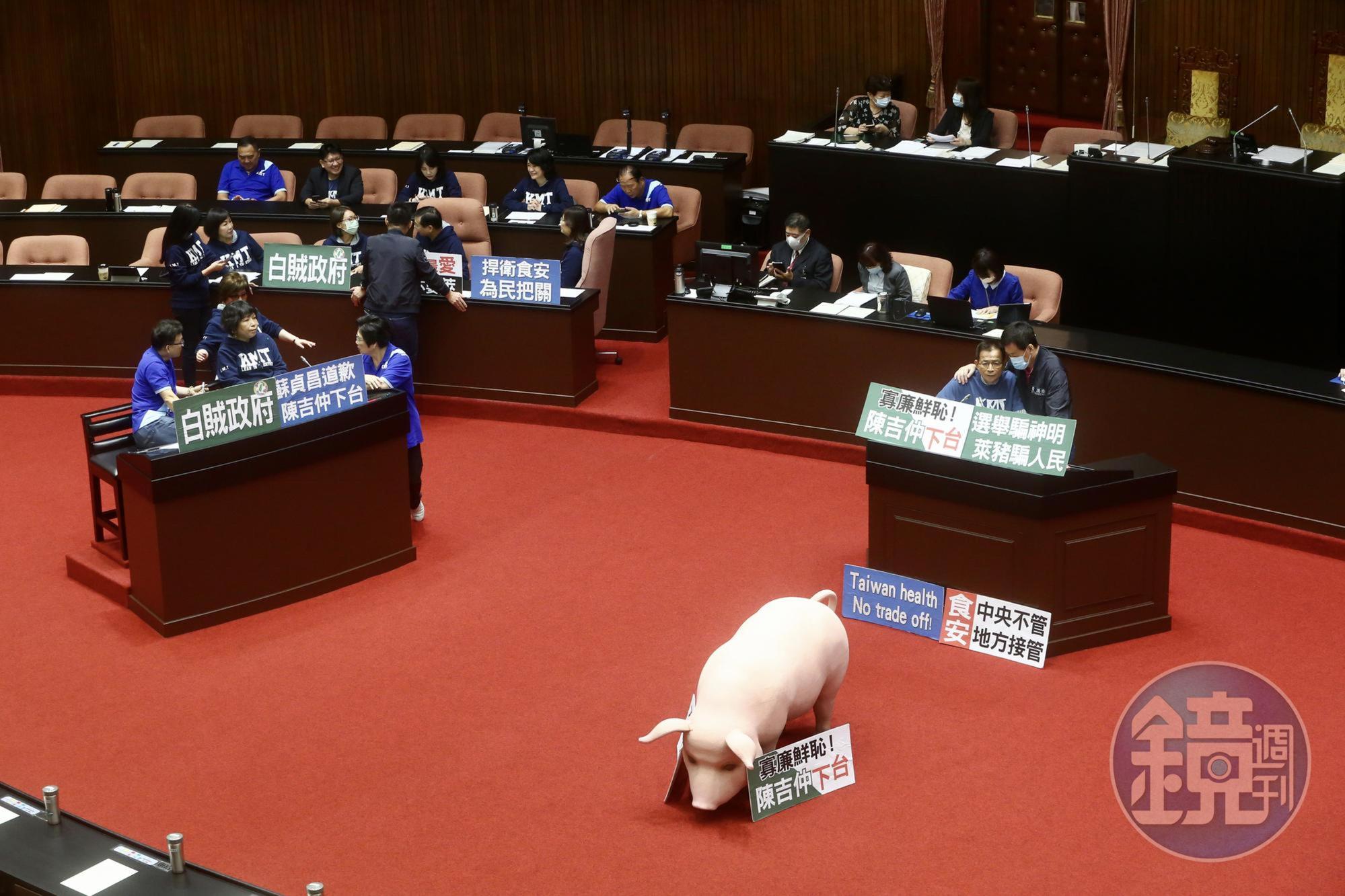 國民黨立委以人肉、豬模型占據發言台及質詢台，杯葛院會召開。