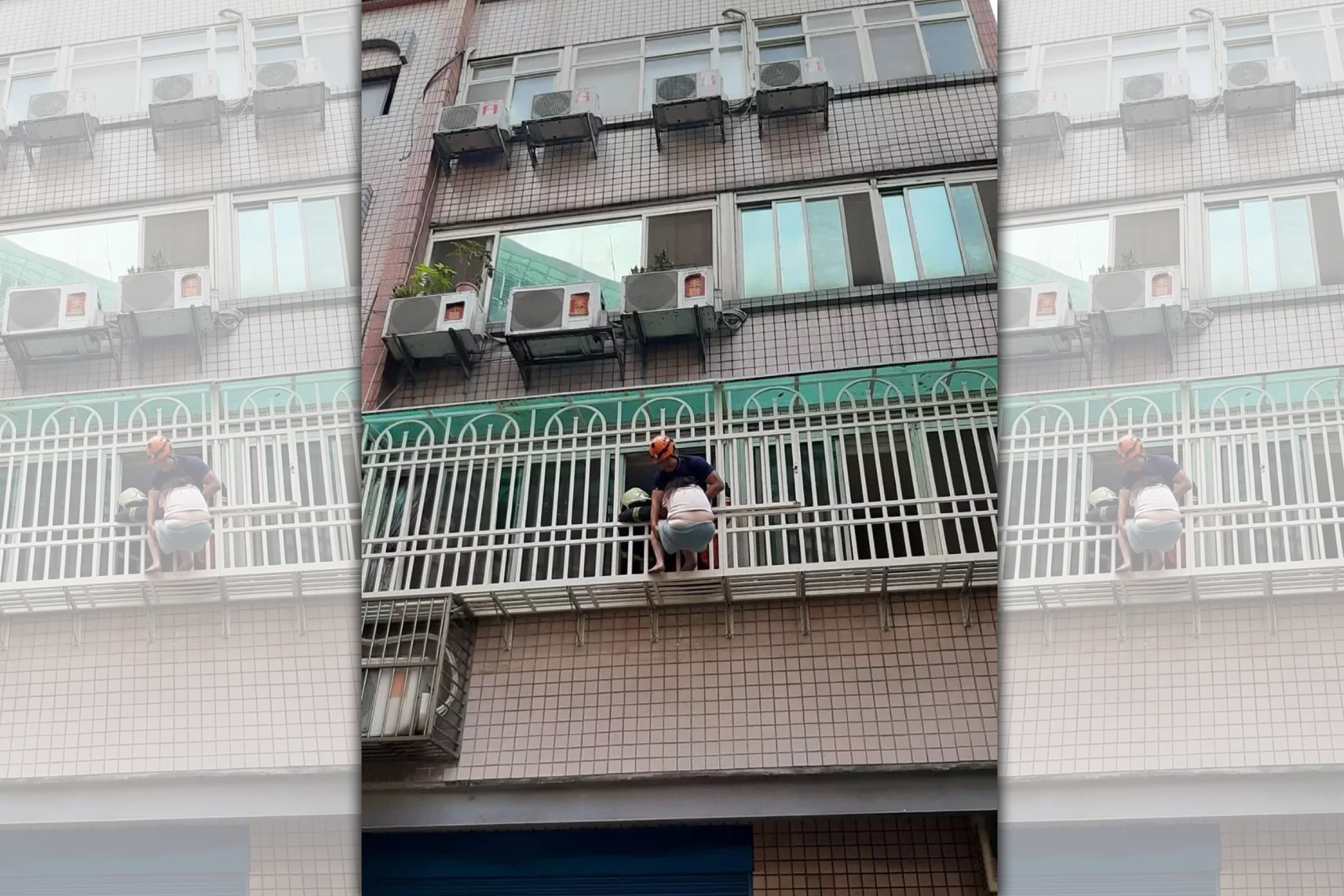 今（13）日新北市蘆洲一名女子跟男友吵架掛揚言從2樓跳下，最後被警消一把抓入屋內。（翻攝畫面）