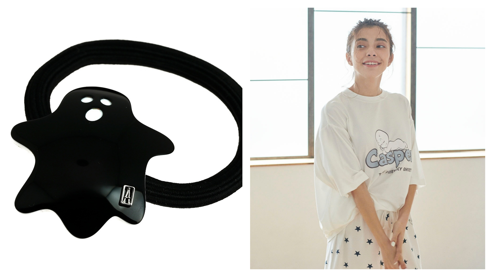 萬聖節不想扮裝又想要應應景，不妨選擇髮飾或是小鬼圖案的衣服，來沾染一些萬聖氣息。左：Halloween鬼爸髮束 NT$2,200 Alexandre de Paris、右：CASPER鬼馬小精靈MOCO上衣 NT$2,250、鬼馬小精靈星星短褲 NT$1,550 gelato （左：Alexandre de Paris提供、右：gelato）