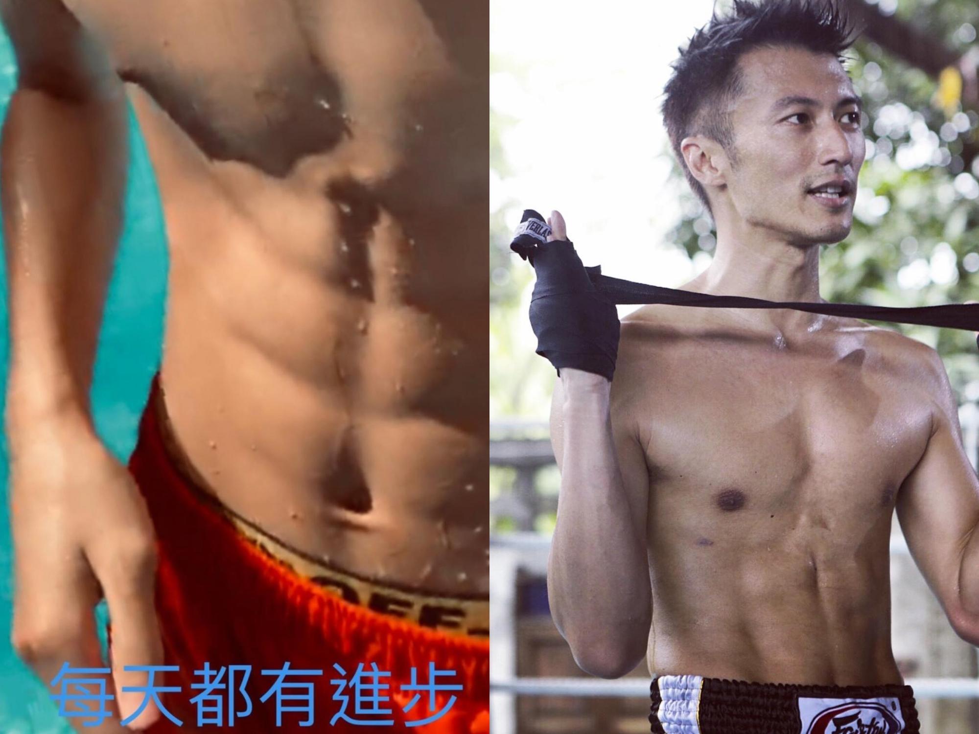 13歲的Lucas小小年紀已練出8塊腹肌,父子倆的體格都很精實。(左,翻攝自張栢芝IG、右,翻攝自網路圖片)