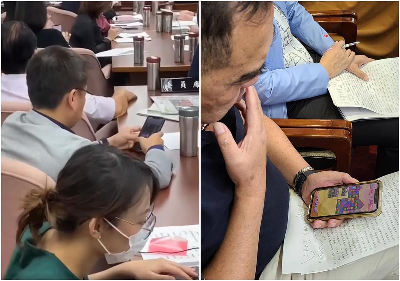 趙天麟(左)被抓包在委員會玩「俄羅斯方塊」,他po出藍委徐志榮(右)也在玩「Candy Crush」的照片反擊。(翻攝自比特王粉專/趙天麟臉書)