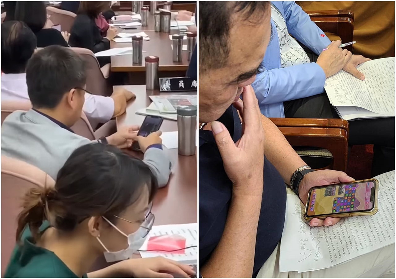 趙天麟（左）被抓包在委員會玩「俄羅斯方塊」，他po出藍委徐志榮（右）也在玩「Candy Crush」的照片反擊。（翻攝自比特王粉專／趙天麟臉書）