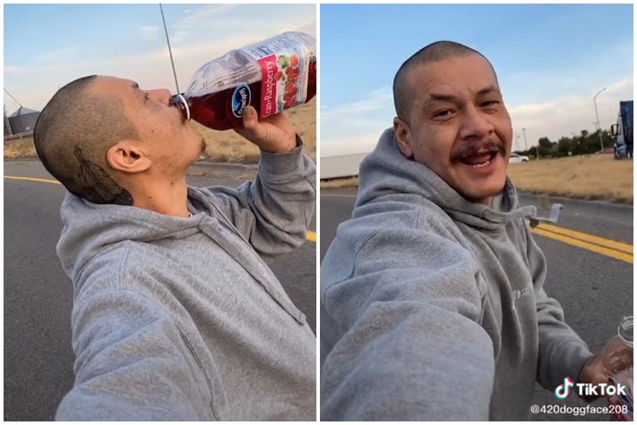 美國愛達荷州37歲工人阿波達卡日前在TikTok平台上傳一段影片，拍下自己滑板兜風去上班的路程，意外爆紅。（翻攝自420doggface208 TikTok）