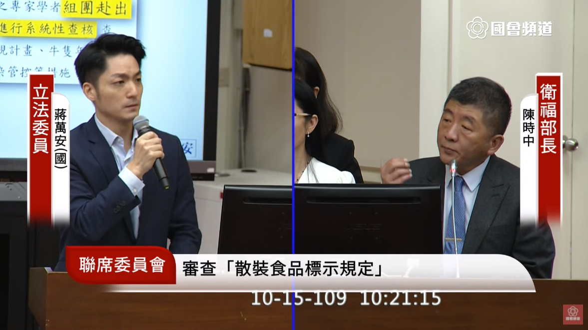立委蔣萬安(左)不停針對如何辨識萊豬質問衛福部長陳時中(右)。(翻攝自國會頻道YouTube)