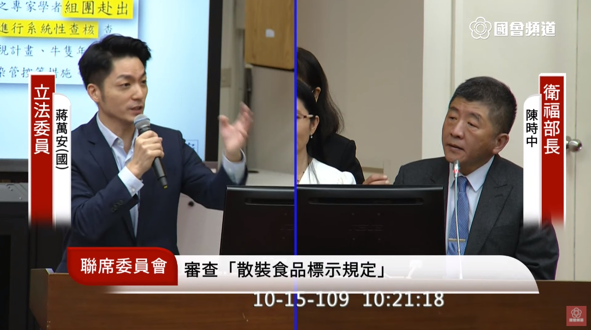 立委蔣萬安（左）不停針對如何辨識萊豬質問衛福部長陳時中（右）。（翻攝自國會頻道YouTube）